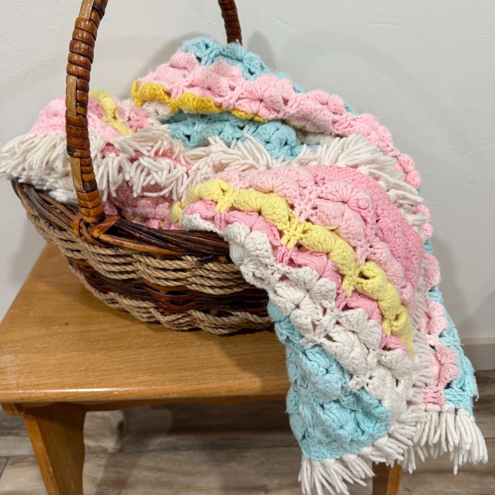 Hand Crocheted Baby Blanket Pastel Pink Blue Fringe Throw Cottagecore Nursery